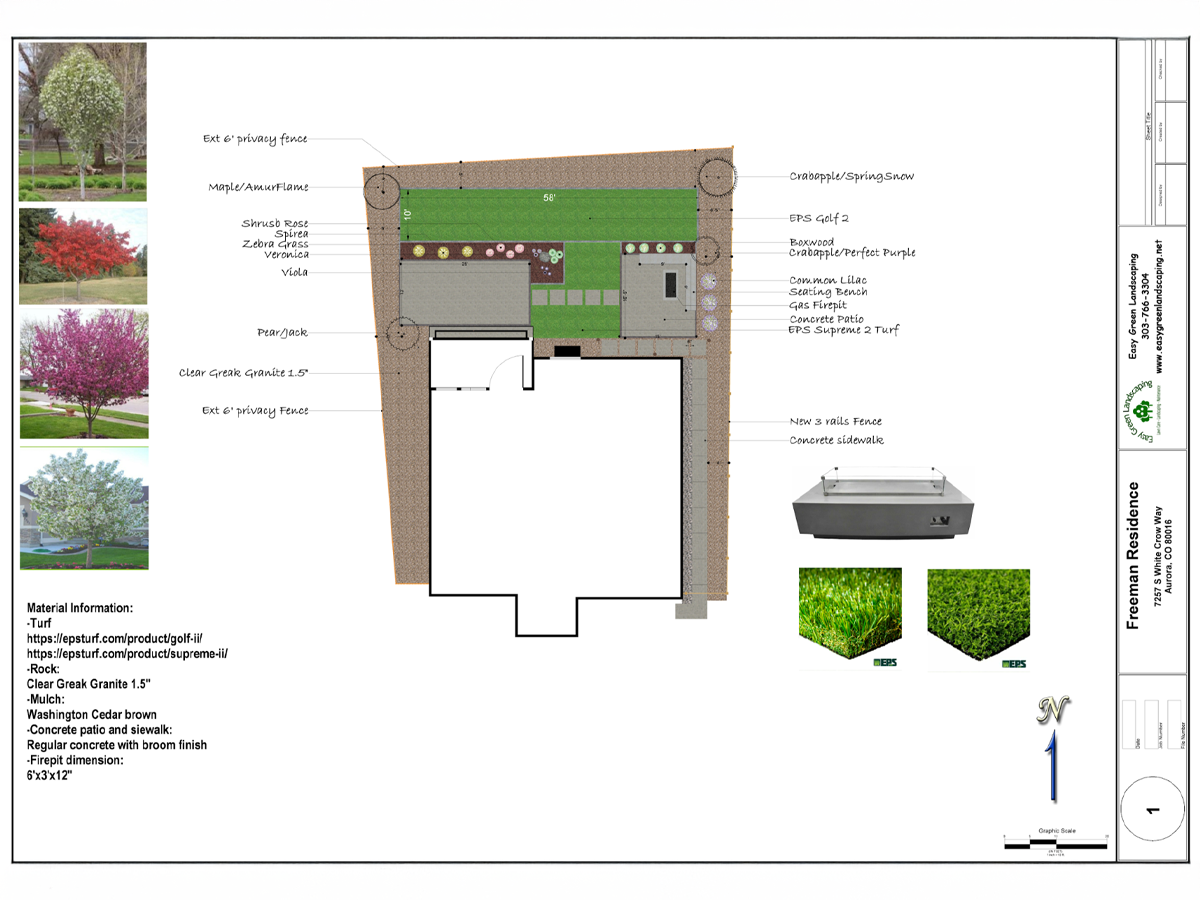 Residential landscape design blueprint showing artificial turf, concrete paths, and privacy fencing.