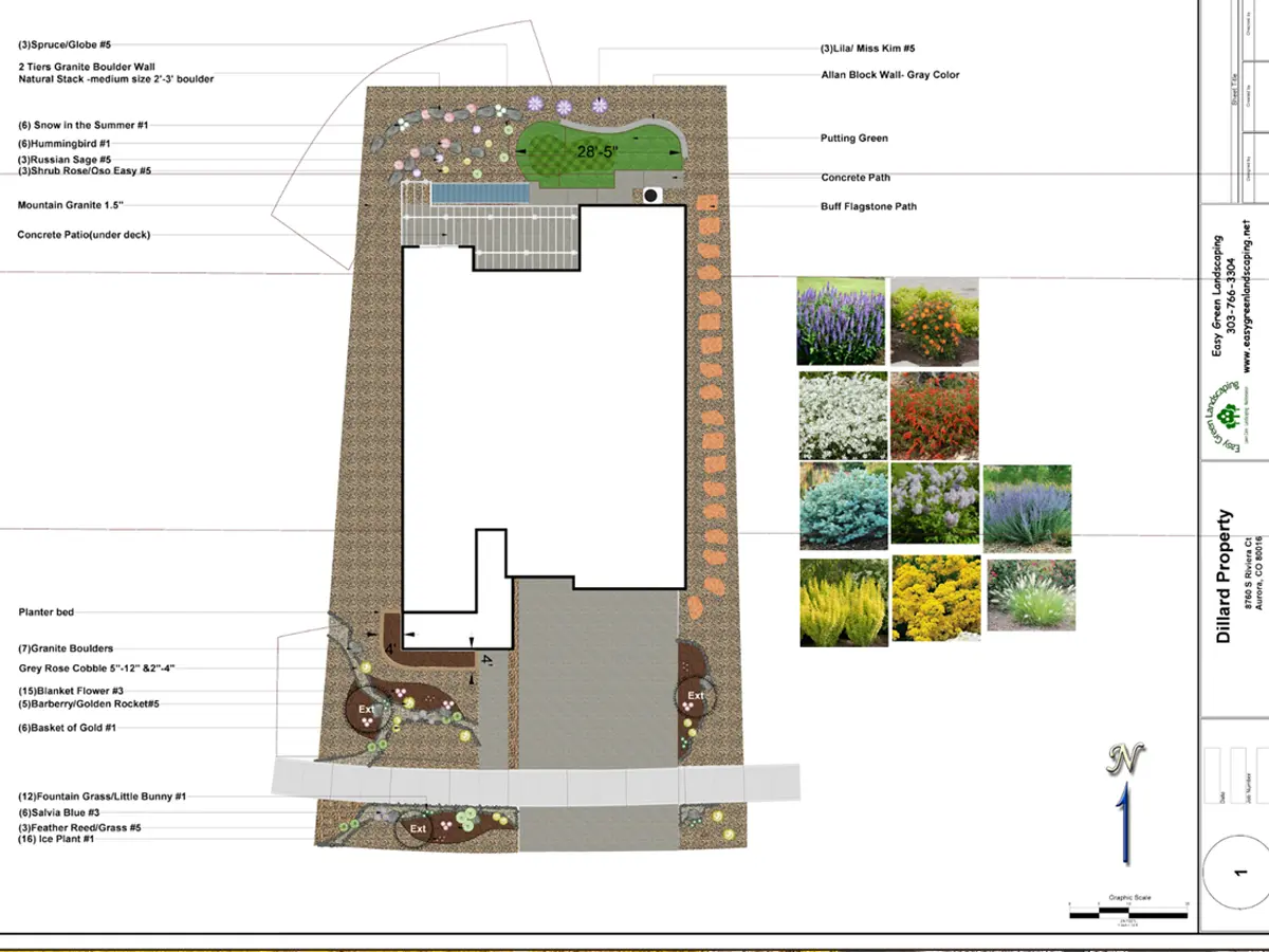 Comprehensive landscape blueprint featuring patio, retaining walls, and a putting green layout.