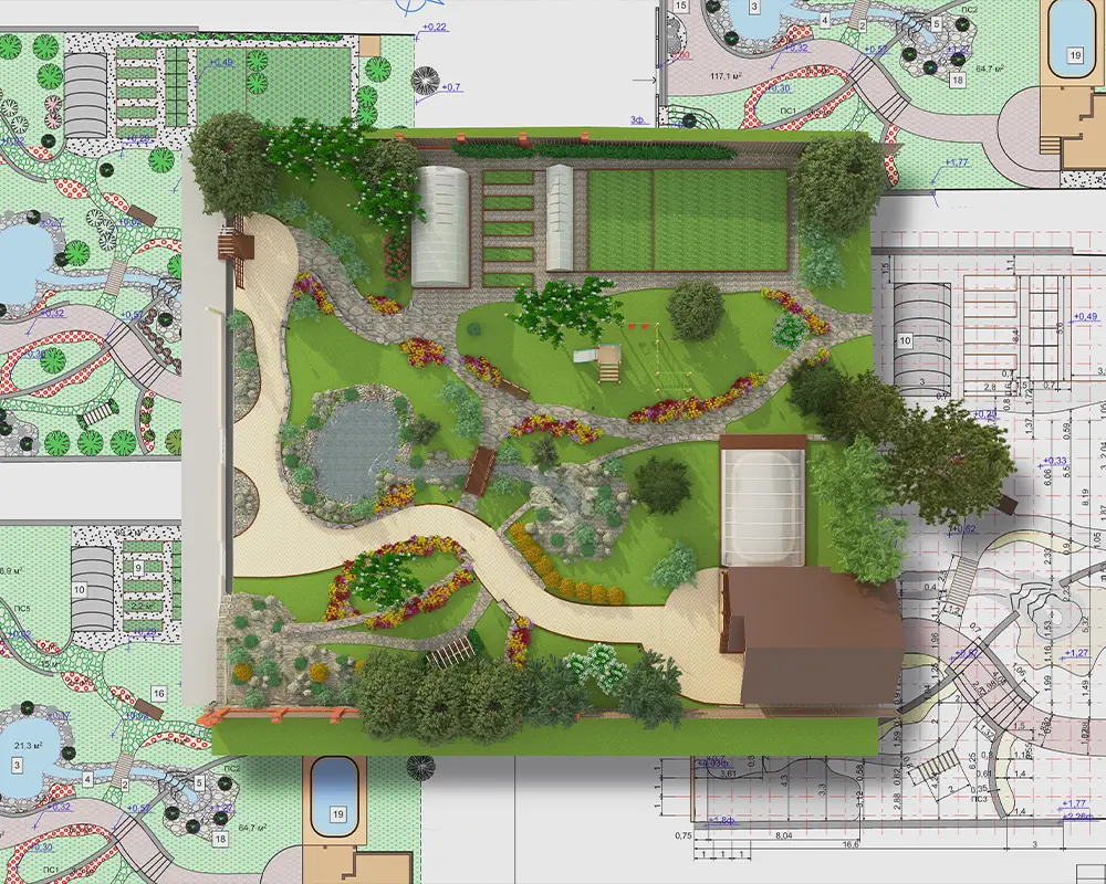 3D landscape design layout showing paths, garden areas, and water features for a residential project.