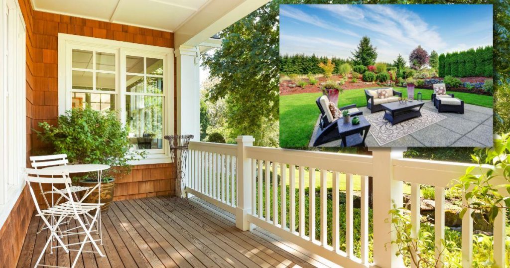 A charming porch with white railing, a wooden floor, and a bistro set, with an inset image of a landscaped patio featuring outdoor seating and lush greenery