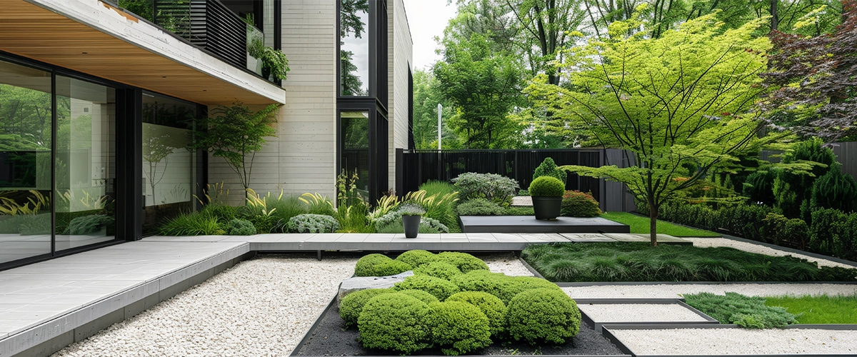 A modern garden landscape featuring sleek, minimalist design elements with clean lines