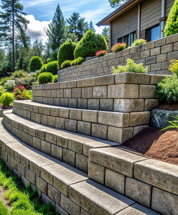 Rugged concrete blocks stacked to form a sturdy retaining wall